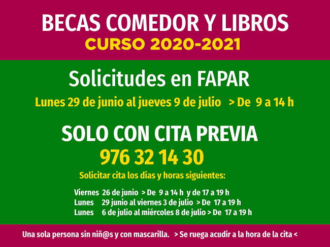 Campaña de solicitud de becas de comedor y libros a través de la FAPAR