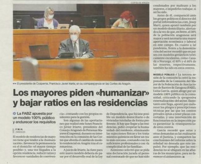 La intervención de la FABZ en las Cortes sobre la Red de Centros de Mayores en Heraldo y El Periódico